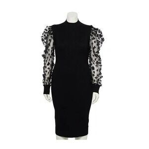 Almost Famous Black Dress Stretch‎ below Knee Sheer Floral Sleeves Size M/L